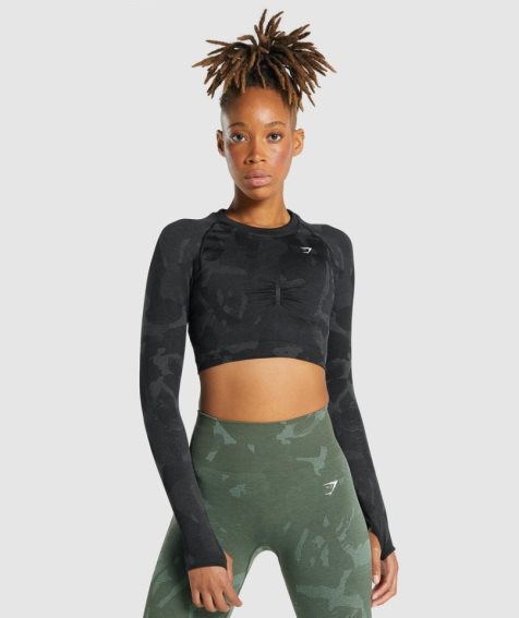 Women's Gymshark Adapt Camo Seamless Long Sleeve Cropped Tops Black | NZ 8YNJVM